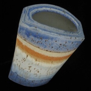 8 1/2 Studio Art Pottery Vase Signed Unknown Artist Rustic Hand Built Oval Slab Form Vivid Horizonal Bands Blue Periwinkle, Orange, Tan image 6