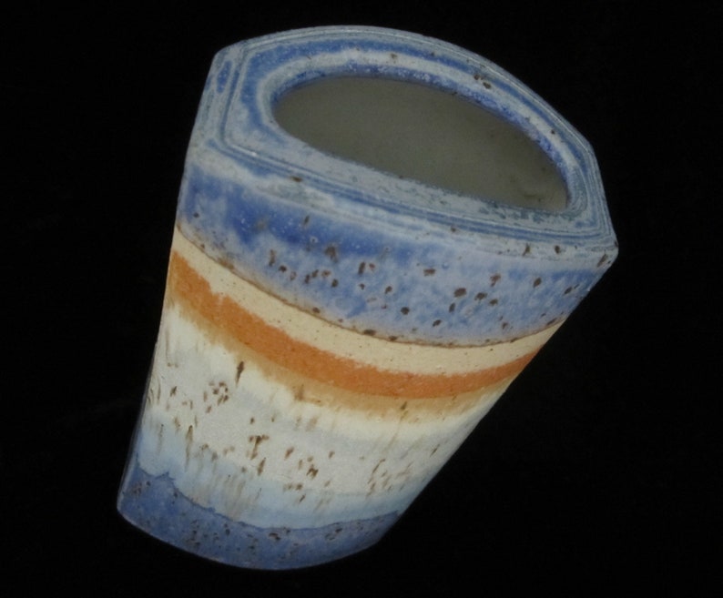 8 1/2 Studio Art Pottery Vase Signed Unknown Artist Rustic Hand Built Oval Slab Form Vivid Horizonal Bands Blue Periwinkle, Orange, Tan image 6