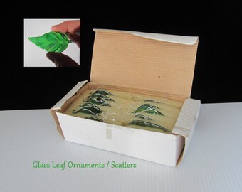 11-Pc Leaf Ornaments or Scatters, Green Pearlized Glass by Lillian Vernon • Vintage 2 3/4" Boxed Set of Handmade Iridescent Lampwork Leaves