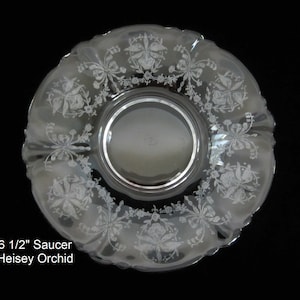 2-Pc Heisey Orchid 6 1/2 Footed Saucer Only • Vintage 1940 Signed Elegant Etch No. 1507 Queen Ann Shape 1509 • Blown Crystal, Crafted in USA