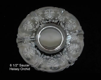 2-Pc Heisey Orchid 6 1/2 Footed Saucer Only • Vintage 1940 Signed Elegant Etch No. 1507 Queen Ann Shape 1509 • Blown Crystal, Crafted in USA