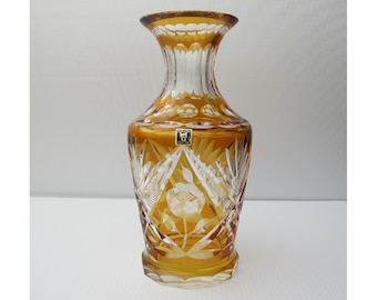 10" Kagami Crystal Decanter Vase • Vintage Handmade Edo Kirico Traditional Amber Overlay Glassware • Rose Floral Hemp Cut • Label, Japan