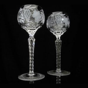 2 or 4 Pc Grape Wine Hock by Crystal Clear Industries • 8.25&quot; Hungarian Handmade Glassware • Vintage Cut Grapes, Leaves, Stars • Orig. Label