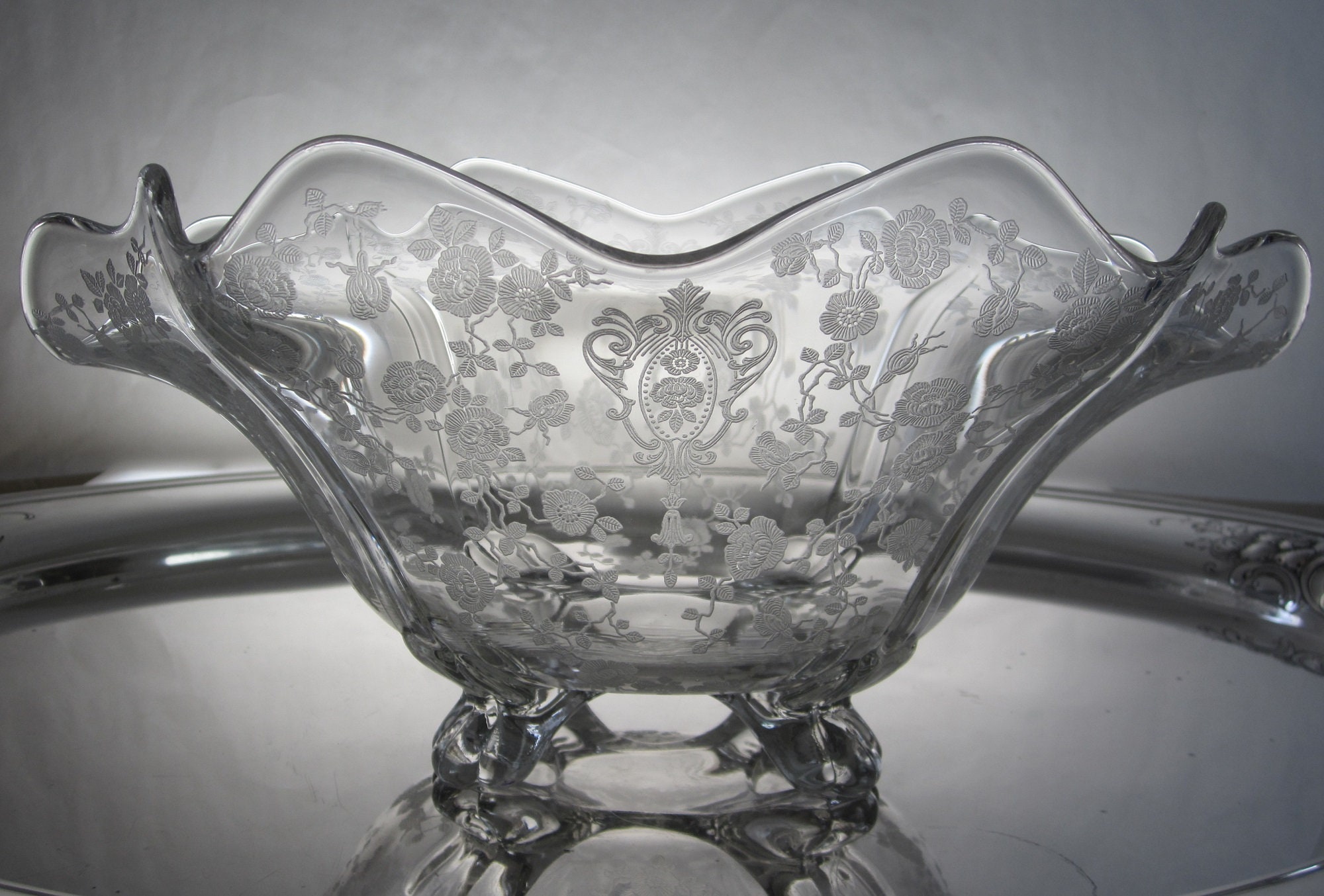 Vintage Cambridge Rose Point Crystal Bowl: Footed Floral Etched ...