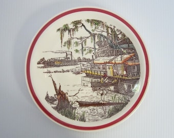 8.5" Vernon Kilns Collector Plate Bits of the Old South Series by Cavett • Vintage 1940s "House Boat on the River" Hand Tinted Transferware