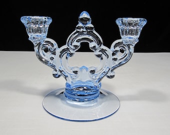 Cambridge Glass 2-Light Candlestick Holder Moonlight Blue • Vintage Depression-Era Elegant Keyhole Scroll Fire Polished 3400/647 Round Base