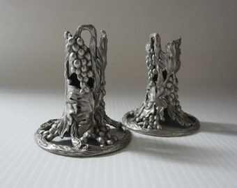 2-Pc Pewter Grape & Leaf Candle Holder by Seagull, Canada • Vintage 1992 Taper Incised Detailed Grapes, Leaves, Tendrils • Signed and Dated