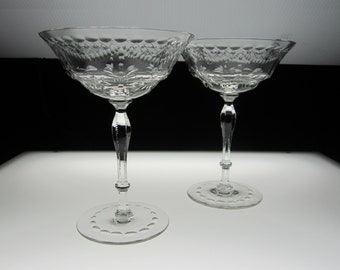 2-Pc Morgantown Champagne/Tall Sherbet Glass • Stem #7669-4 Optic Floral Polished Cuts on Bowl, Dots, Crisscross Zipper Stem • Vintage 1930s