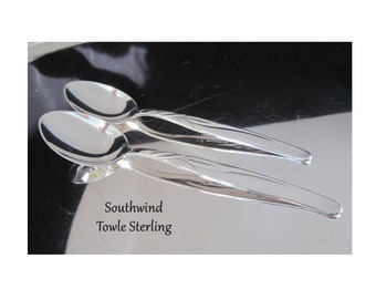 2-Pc Towle Sterling Southwind Oval Teaspoons 6" Length • Vintage 1952 Silver 925 Abstract Modern Leaf Motif, Curved Handle • Made in MA USA