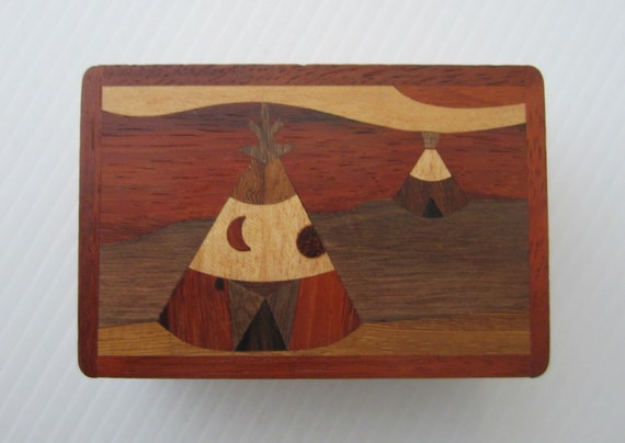 2x3" Small Wood Marquetry Trinket Box with Native… - image 4