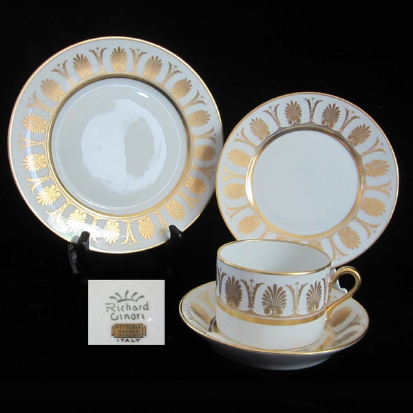 4-Pc Pompei Cup & Saucer, Bread, Salad Plate by Pittoria Richard Ginori • Vintage 1966 White with Gold Trim Acanthus Leaves • Made in Italy