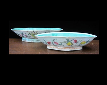 2-Pc Chinese Polychrome Quatrefoil Bowls, Enameled Porcelain Three Abundances (San Duo) • Antique c1900 Signed Export Jingdezhen Jiangxi