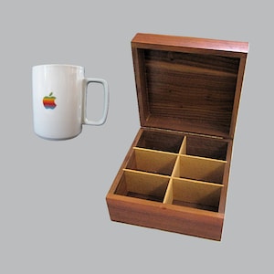 Vintage Apple Macintosh Wooden Disk Storage Box and Infinity Loop Mug: 1980s Tech Collectibles