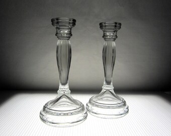 Vintage Clear Glass Candlestick Pair, Ribbed Baluster, Cut Squares