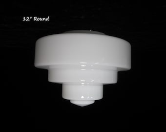 12" Round Opal Milk White Glass Light Shade with 6" Fitter • MCM Schoolhouse Tiered Wedding Cake Style • 8 3/4" Drop • Blown Glossy Seamless