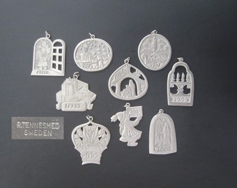 9-Pc Rune Tennesmed Pewter Ornaments Annual Christmas Themed Motifs • Vintage 1990s-2000s Signed Hanging Tree Decorations • Made in Sweden