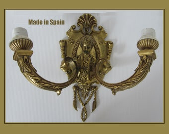 Vintage Wall Sconce Brass Cherub Double-Arm Light • Heavy Solid Cast Metal Torchiere • Takes Standard Bulbs, No Shades • Crafted in Spain