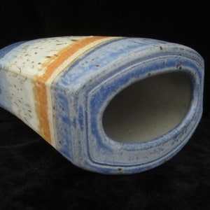 8 1/2 Studio Art Pottery Vase Signed Unknown Artist Rustic Hand Built Oval Slab Form Vivid Horizonal Bands Blue Periwinkle, Orange, Tan image 5