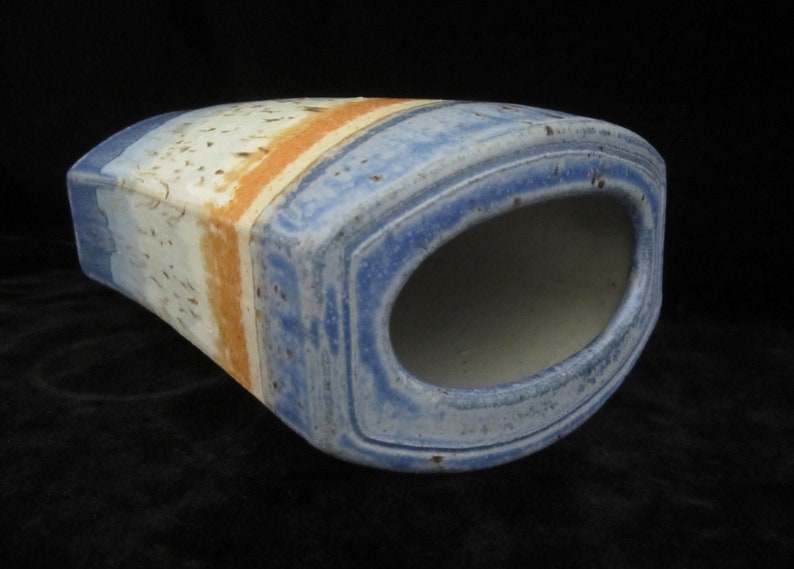 8 1/2 Studio Art Pottery Vase Signed Unknown Artist Rustic Hand Built Oval Slab Form Vivid Horizonal Bands Blue Periwinkle, Orange, Tan image 5