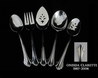 5-Pc Clarette Stainless Serving Utensils by Oneida • Glossy Handle • Vintage 1982 Set: 2 Tablespoons, Meat Fork, Casserole Spoon, Pie Server