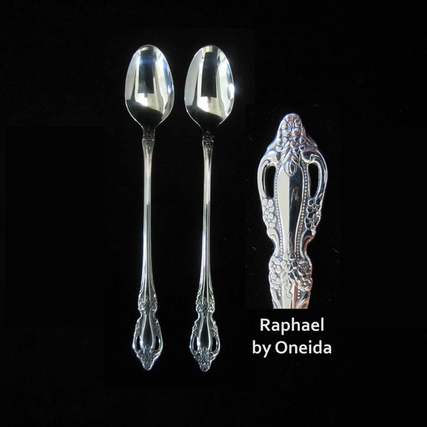 2-11 Pc Raphael Iced Tea Spoon by Oneida Ltd • Distinction Deluxe HH Antiqued Glossy Stainless Pierced Floral Handle • Vintage NEW NIP 1979