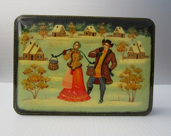 6 5/8" Russian Lacquer Box with Hinged Lid • Signed Handpainted • Peasant Maiden with Water Buckets, Snowy Village Scene • Footed Rectangle