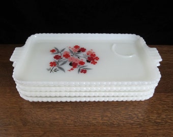 4-Pc Primrose Snack Plate by Anchor Hocking Fire King • Vintage 1960 Pressed Milk Glass Floral Sandwich Trays (No Cups) • 11" x 6" Rectangle