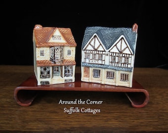 CHOICE English Miniature Suffolk Cottages Around the Corner Porcelain Figurine • Vintage Tudor Bank, Books & Coins Shop Christmas Decoration