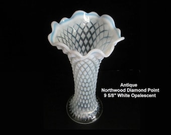 9 5/8" Northwood Swung Glass Vase White Opalescent Diamond Point • Antique c1910s Blown Free Form Crimped Ruffle • Handmade Glassware WV USA