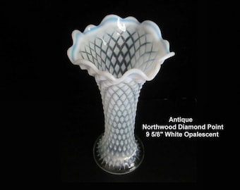 9 5/8&quot; Northwood Swung Glass Vase White Opalescent Diamond Point • Antique c1910s Blown Free Form Crimped Ruffle • Handmade Glassware WV USA