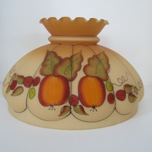 14.75&quot; Reverse Painted Glass Melon Shade • Hand Decorated Fruit Motif Satin • Antique Vintage Ribbed Crimped Hurricane Oil Lamp • 14&quot; Fitter