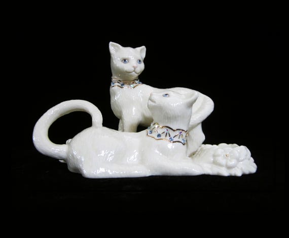 Vintage Lenox White Cats Figurine, Blue Crystal Gems 24k