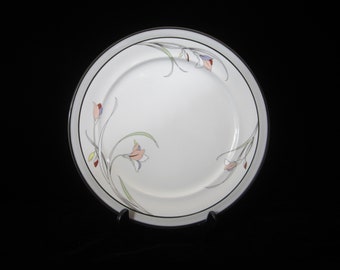 12 1/2" Epoch Horizon East Chop Plate Round No. 9007 • Vintage 1980s Noritake Meadow Stone Iris Floral Pastel, Gray Band, Black Trim • Japan