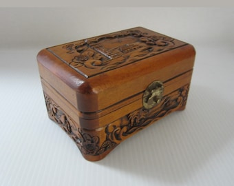 4x6 Tropical Motif Hand Carved Wooden Box with Hinged Lid • Vintage Footed Chest, Deep Carvings of Lighthouse, Ships at Sea, Palms, Flowers