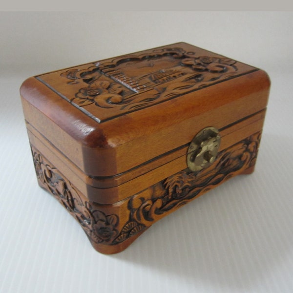 4x6 Tropical Motif Hand Carved Wooden Box with Hinged Lid • Vintage Footed Chest, Deep Carvings of Lighthouse, Ships at Sea, Palms, Flowers