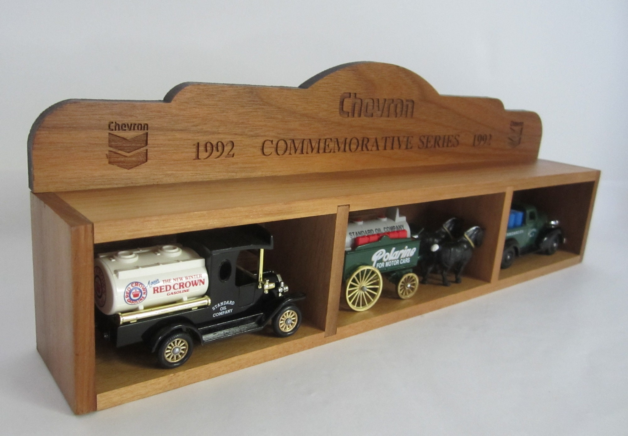 1992 Chevron Commemorative Series Display Shelf & 3 Die-cast Metal Oil  Trucks by Lledo, PLC, England Walnut Wood Box by Laser Art, Canada -   Canada