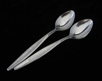 2-Pc Stainless Demitasse Spoon, Leaves Motif • Mid-20th Century 4 3/8" Vintage Espresso/Jelly/Sugar Spoons • Stippled Canoe Handle • Japan