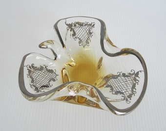 3-Leaf Clover Murano Art Glass Candy Dish or Ashtray • Vintage Midcentury Sterling Silver Overlay • Heavy Amber Hand Blown Venetian • Unique