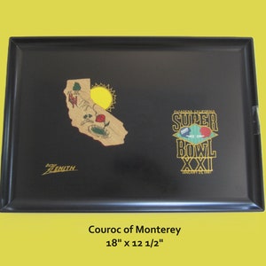 May include: Black tray with a gold Super Bowl XXI logo and a map of California. The tray is 18 inches by 12 and a half inches.