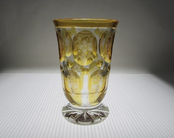 REPAIRED 5 5/8" Bohemian Flashed Friendship Glass Footed Vase • Vintage Amber & Clear, 12 Oval Flat Panel Cuts Engraved Grape Fruit Motif