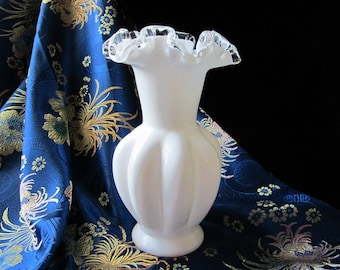 8&quot; Fenton Vase White Silver Crest Milk Glass Double Ruffle • Vintage 1940s Ribbed Melon Handmade Glassware • Petticoat Crimped Wedding Decor