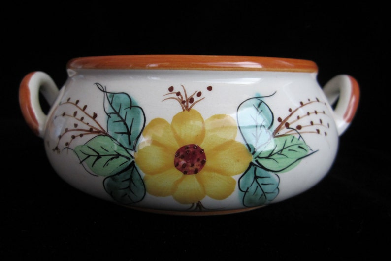 Vintage Ceramic Floral Bowl with Handles 1970s FTD Handpainted Portuguese Pottery Centerpiece Vase Candy Dish Nut Salsa Bowl Yellow Green