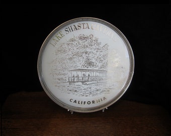 Shasta Lake Caverns Souvenir Drink Tray with Gallery Rim by EFCCO, S.F.  • Vintage Midcentury 10" Round Silver & White Scenic Nature • Japan