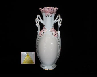 8” Royal Dux Flower Vase Gold Trimmed Porcelain 2-Handled Pastel Blue and Pink • Vintage 1990s Bohemia Floral Handpainted Trim • Orig. Label