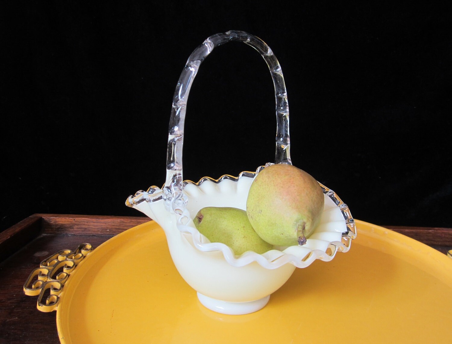 Vintage Fenton Wedding Basket • Ivory Crest Custard Glass, Crystal