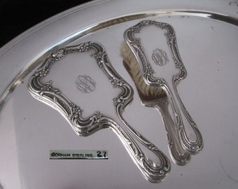 2-Pc Vanity Set Gorham Sterling Silver Ladies Hand Mirror & Hairbrush • Vintage Ornate Floral Repousse Pattern No. 27 • Dresser Accessories