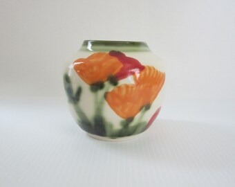 4" Posy Vase with Poppy Flowers by California Studio Potter Will Sandford • Vintage Bulbous Hand Made Vessel, Glazed Orange Red & Green Trim