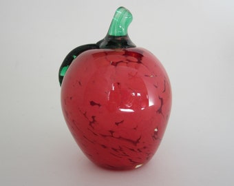 Red Apple Paperweight by Peacock Glass Works • Vintage Blown Mottled Red & Clear, Green Leaf and Stem • Original Signed Embossed Elwood IND