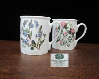 2-Pc Botanic Garden Breakfast Mug by Portmeirion • 10-Oz Susan Williams-Ellis Cup • 3 5/8" Rhododendron, Speedwell • Vintage 1972, Britain