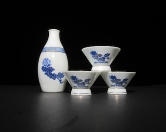 4-Pc Sake Set Kiku-Masamune Blue and White Chrysanthemum, Gold Trim • Vintage Footed Cups and Decanter • Cobalt Authentic Seal Made in Japan